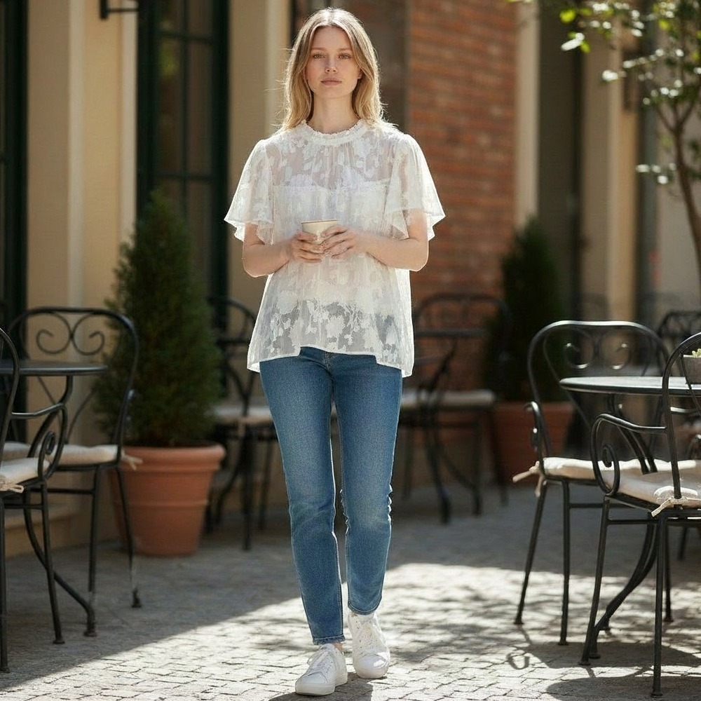 Torrid Ivory White Floral Burnout Ruffle Neck Flutter Sleeve Bubble Hem Blouse 2